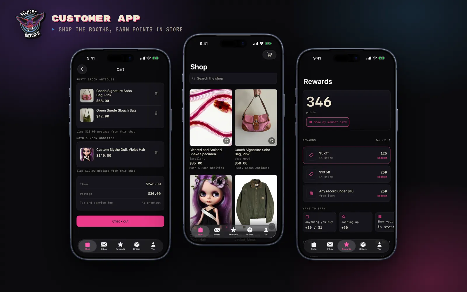 The customer app on three iPhones: a cart with pieces from two vendors, the shop grid, and the rewards screen with a points balance.