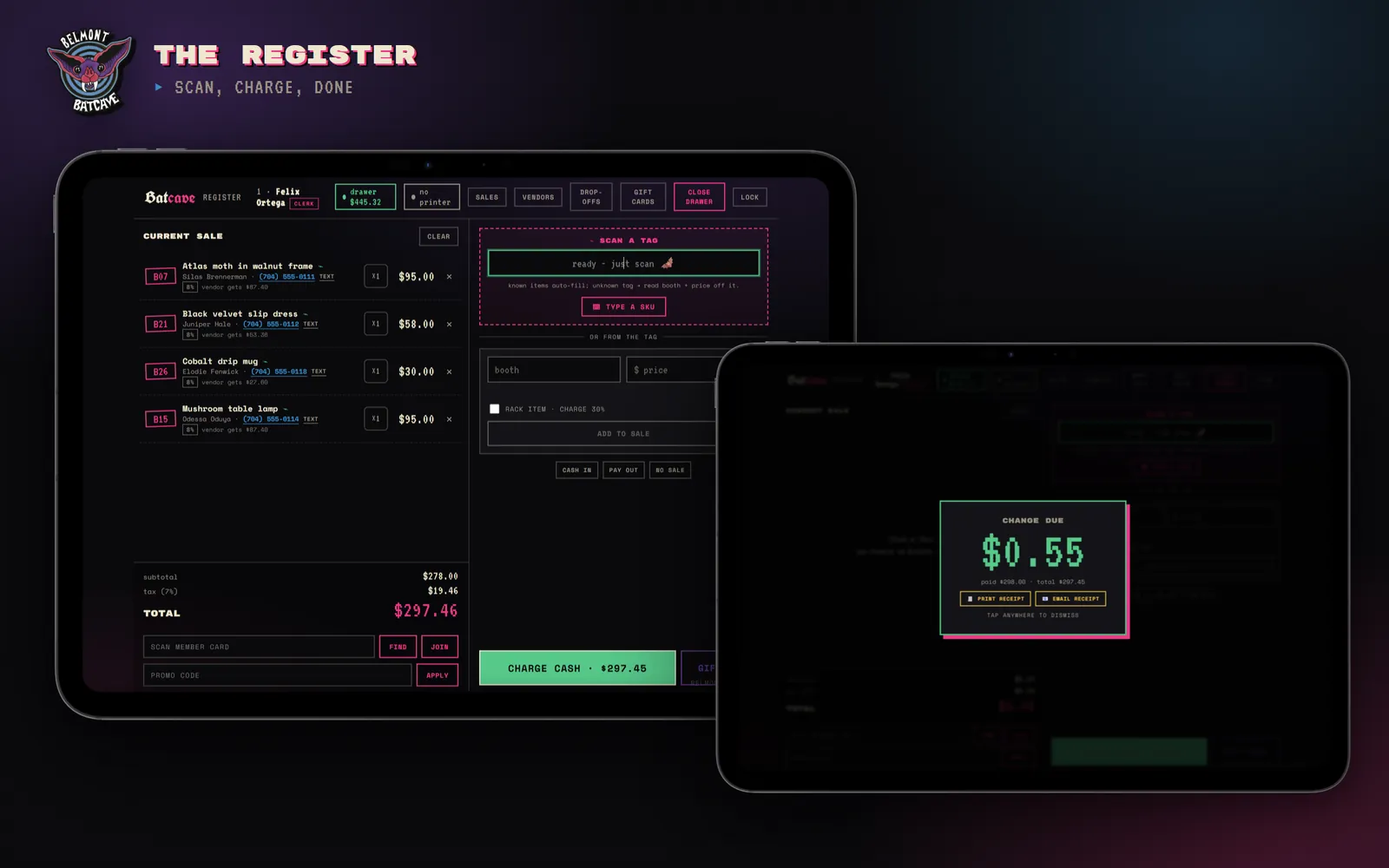 The Batcave register on two iPads: a sale in progress with four items from four booths, and the change due screen after a cash payment.