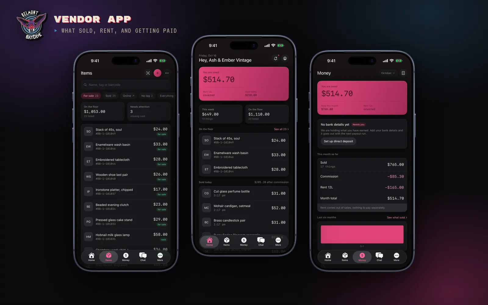 The vendor app on three iPhones: the items list with floor value, the home screen with the amount owed and rent status, and the money screen.