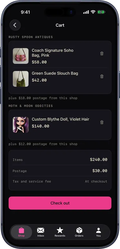 The customer app cart on an iPhone, holding pieces from two different vendors.