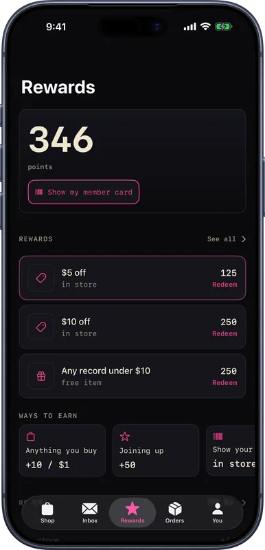 The customer app rewards screen on an iPhone, with a 346 point balance and rewards to redeem.
