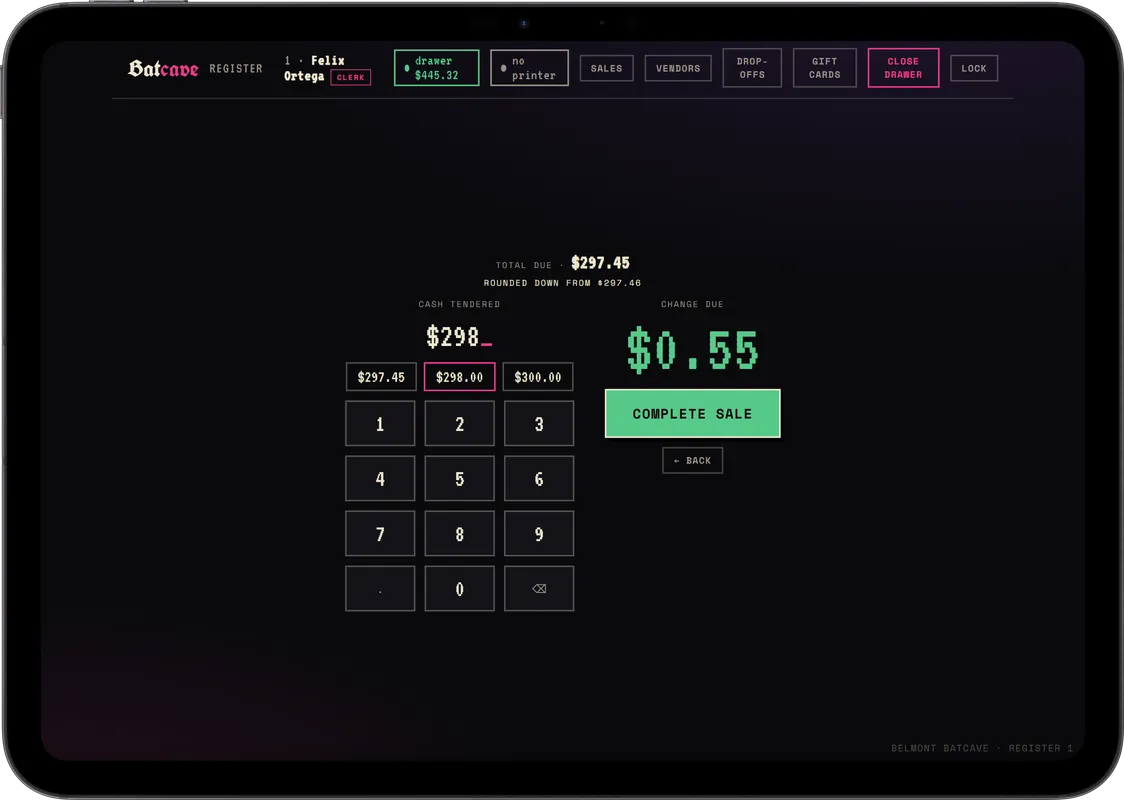 The register on an iPad taking cash: amount tendered, quick amount buttons and the change due.
