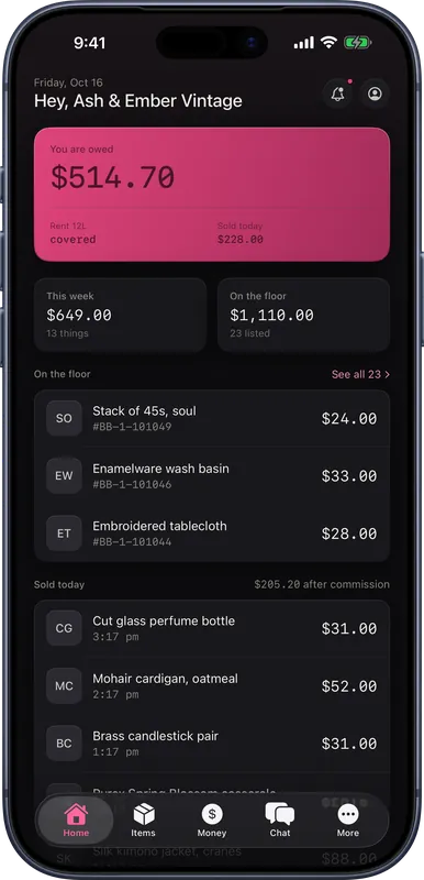 The vendor app home screen on an iPhone: the amount owed to the vendor, rent status for their booth and what sold today.