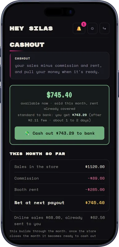 The vendor portal cashout screen on a phone: the amount available, this month so far and a cash out button.